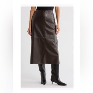 Max Studio (XS) Chocolate Brown Faux Leather A Line Midi Skirt Stitch Detailing